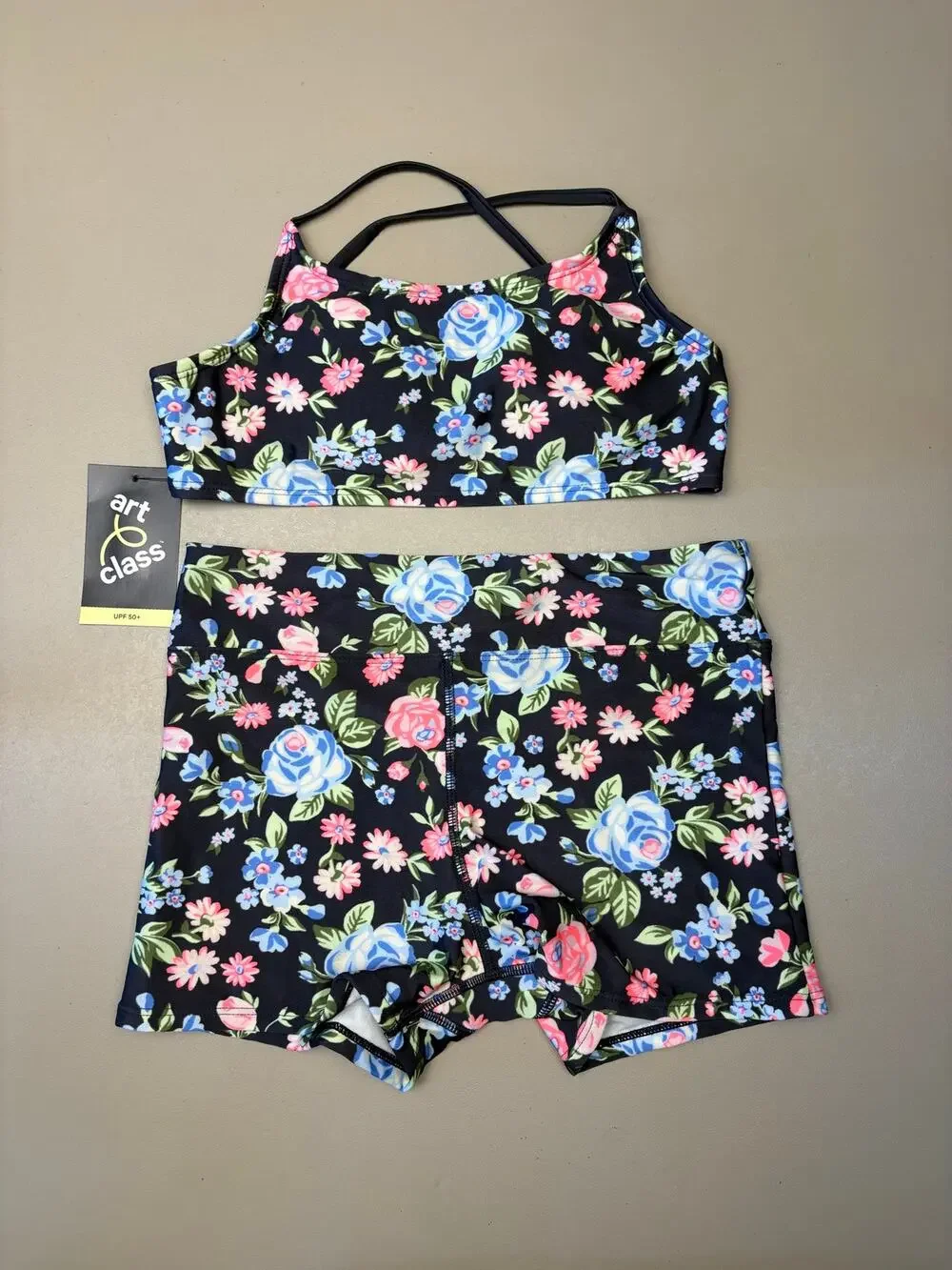 Girls 2 Piece Swimsuit Size L 10/12 Art Class Floral Swim Top Shorts UPF 50+ NWT